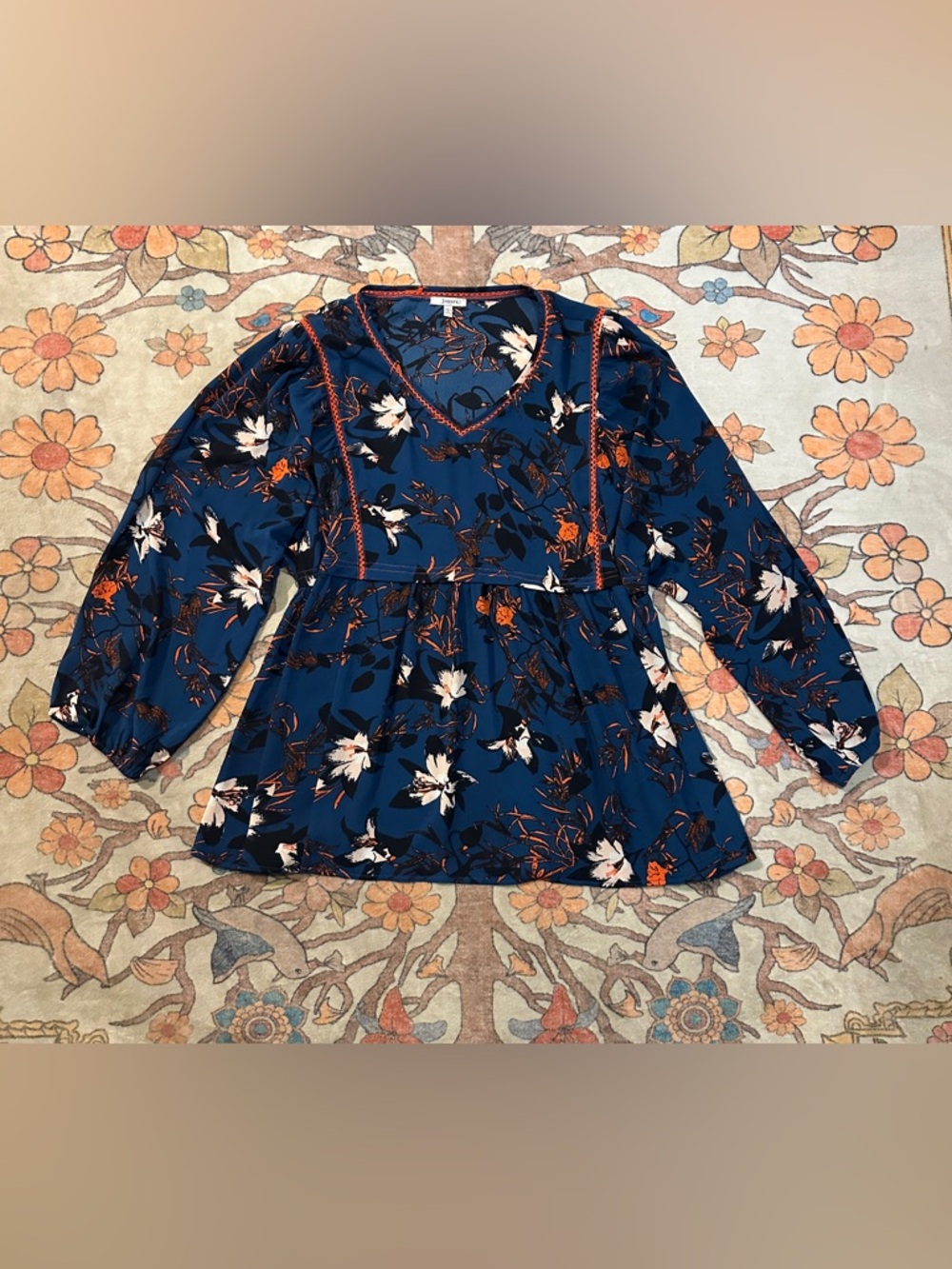 JODIFL Navy Floral V-Neck Peplum Top with Orange & White Blooms
